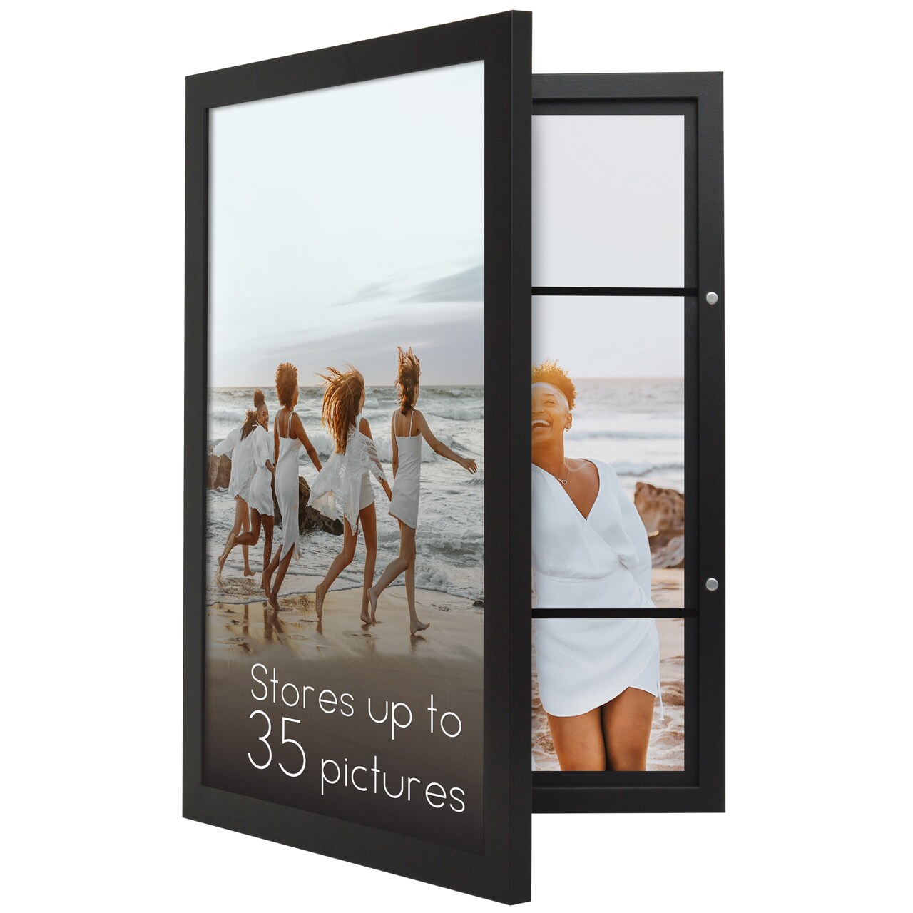 Americanflat Quick-Change Photo Storage Display Frame - Store up to 35 Pictures at Once with Elastic Strap Storage - Shatter Resistant Glass - Hanging Hardware - Includes Easel - Black